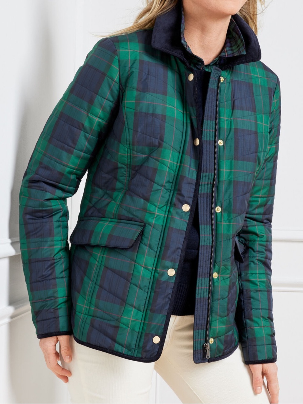 Talbots QUILTED JACKET - JOYFUL BLACK WATCH PLAID sz L